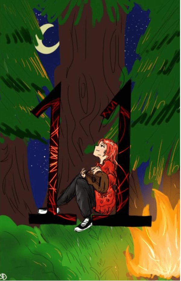 11 leans on the number at night with tall trees 