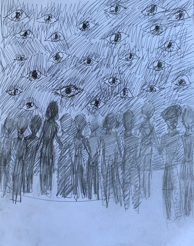eyes watching a group of shadow people. Graphite drawing