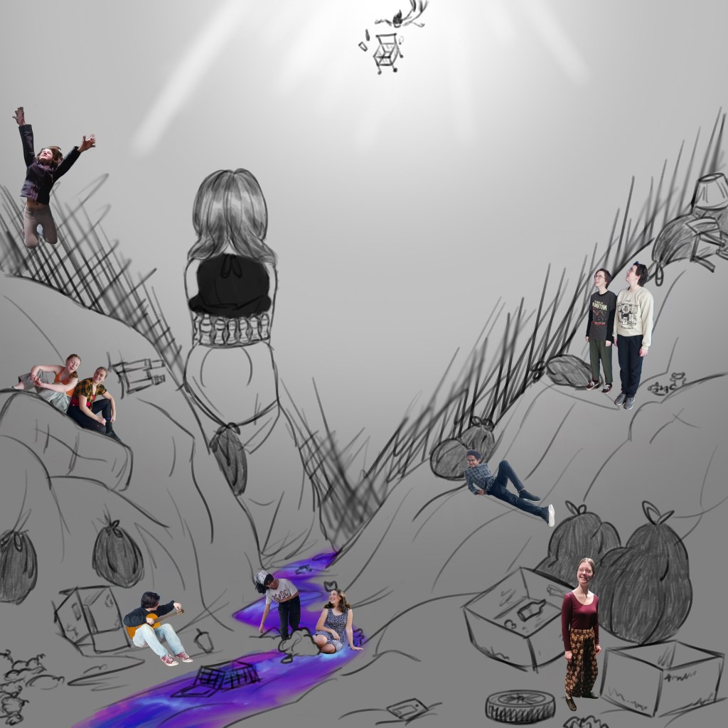 grey scale with colourful river, youth photos