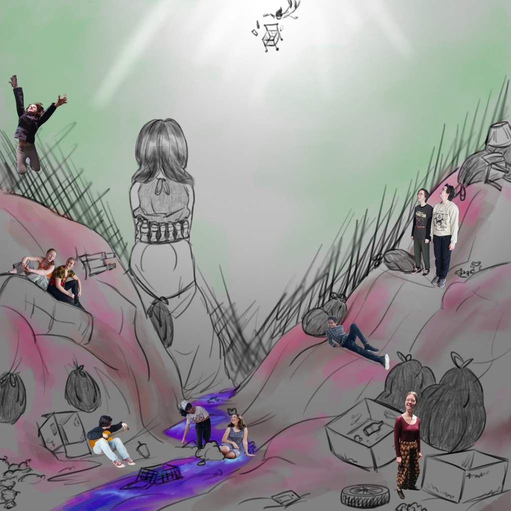 drawing with green pink and purple added to image