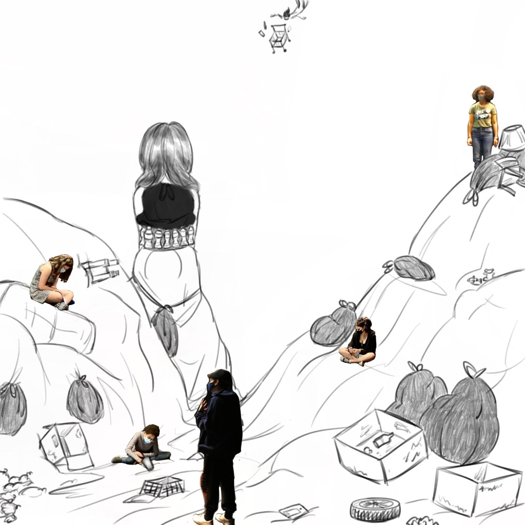 photos of youth stand and sit in landfill with drawn landfill