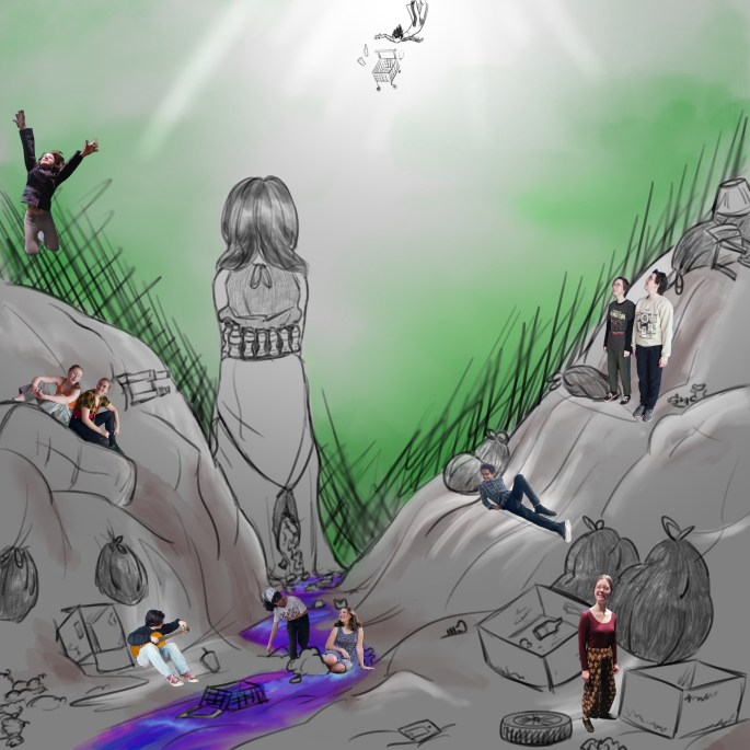 Poster for STUFF hand drawn landfill with youth photos.