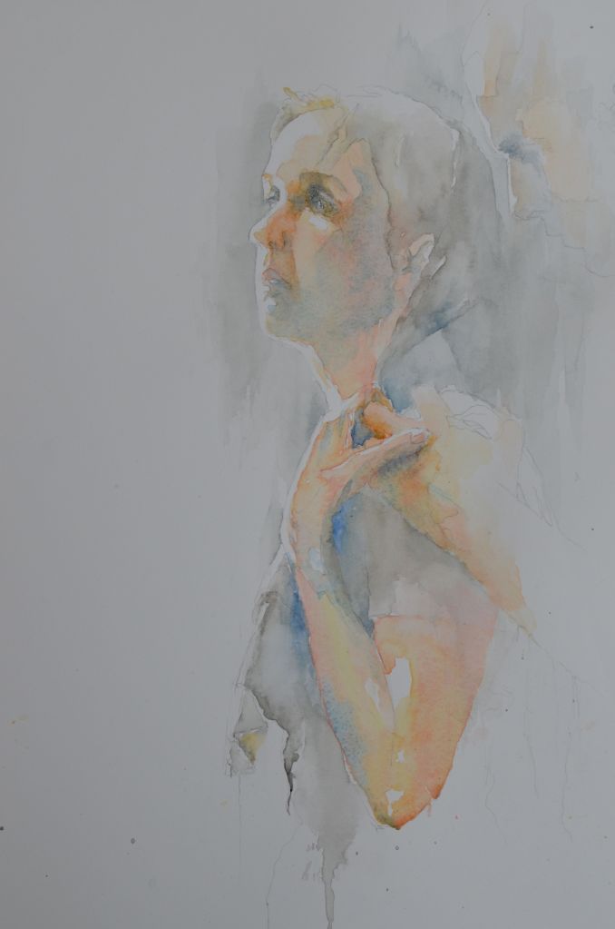 watercolor painting of the torso of a woman facing to her left, as she clutches fabrics