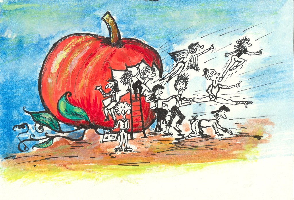 Color painting of an orange pumpkin, with black & white little people who are flying out of an opening in its side.
