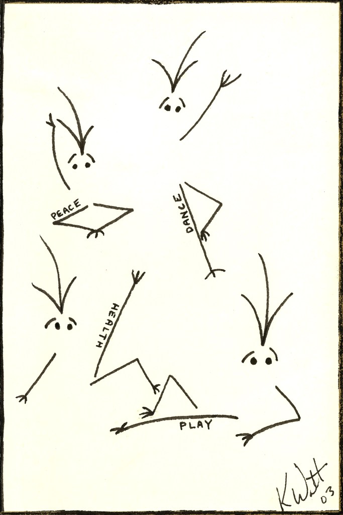Black and white drawing of stick figures who stand, lie, lean and dance. On their legs are words such as Peace Dance Health.