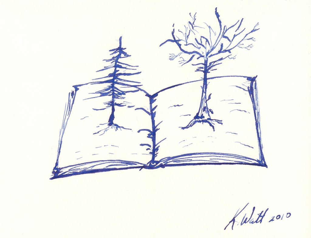 Dark blue drawing on white of a large open book with two trees growing out of the pages